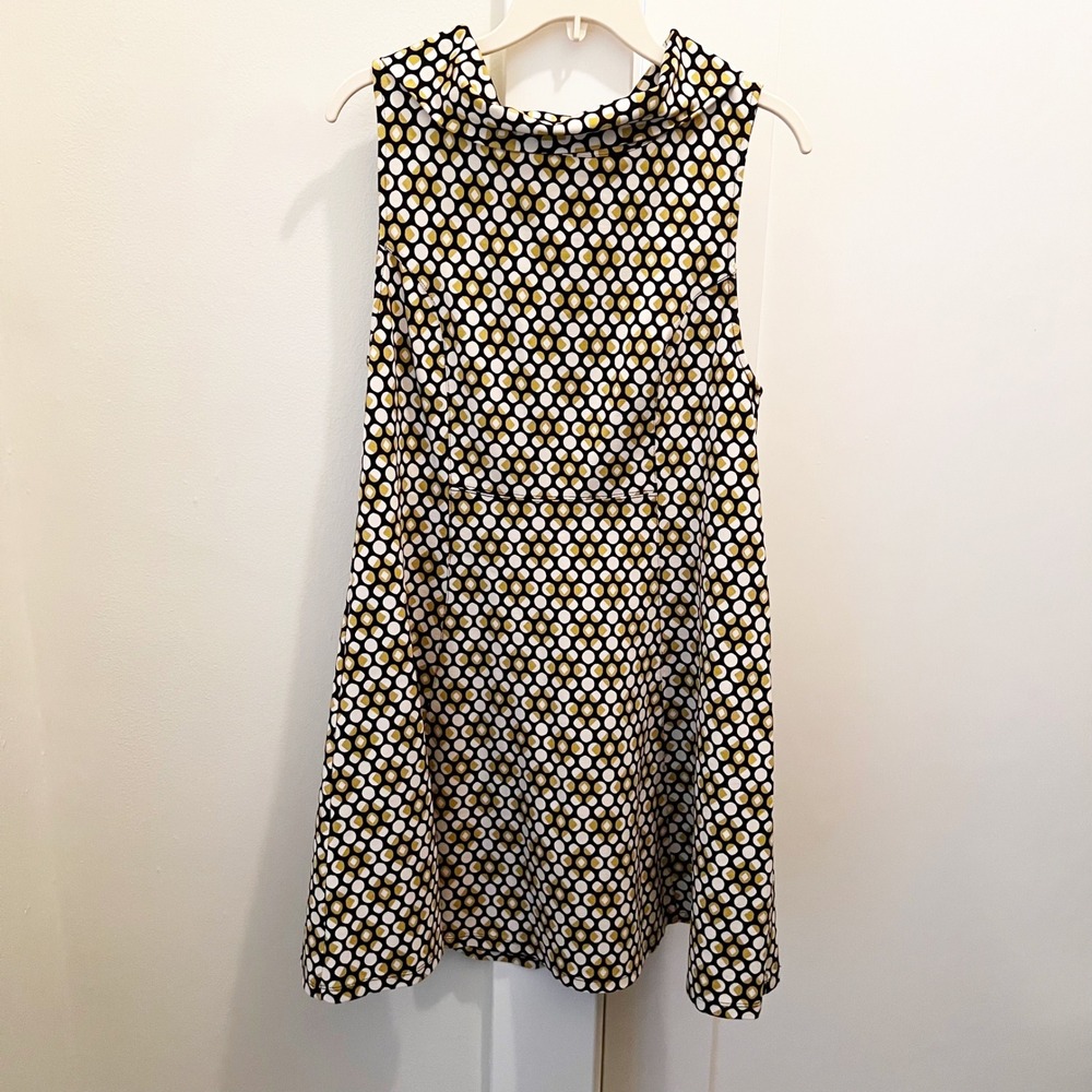 Free People Swing Dress Medium Gold Black Polka Dot Geometric Sleeveless Mini‎